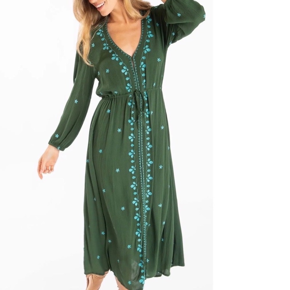 Natural Life Maxi Dress Women Large Green Boho Embroidered V-Neck Stitching flaw